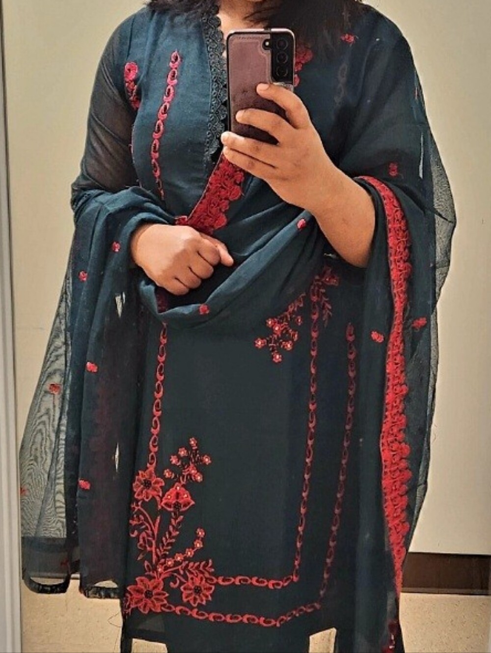 Indian Pakistani Embroidered Teal Salwar Kameez with Red Accents